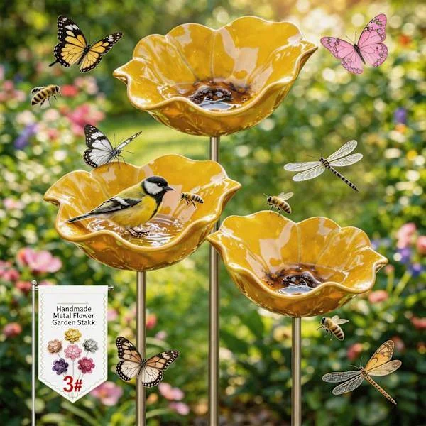 3 st. Fågelbad i metall med blommor, handgjorda fågelbad för trädgården, vintertåliga fågelbad och insektsvatten, fågelbad för trädgård och uteplats