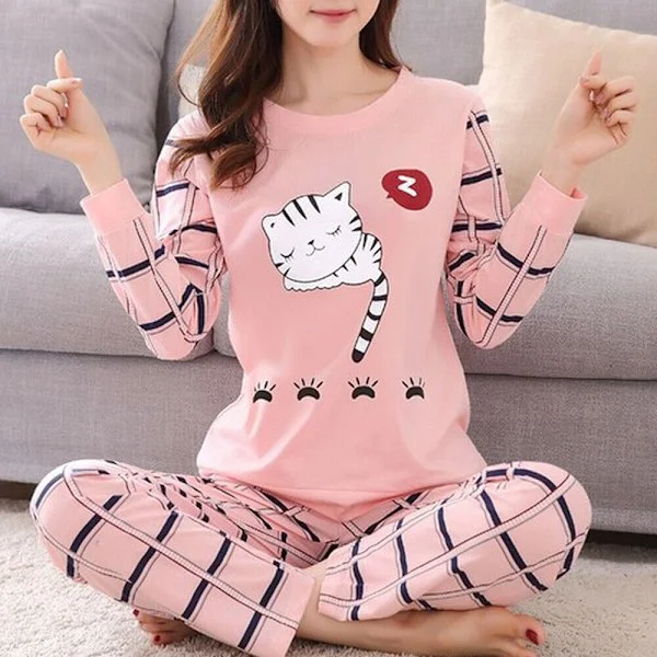 Dam långärmad pyjamas, dam 2-delad byxset set lång svans katt lång svans katt