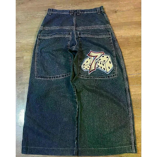 【BQ】Retro Gothic High-Waisted Jeans for Men and Women Y2k Baggy Black Harajuku Hip Hop Patterned Embroidered Blue Denim Pants Wide Leg Jeans S