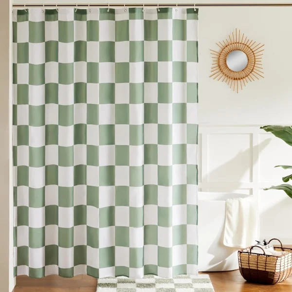 Salviagrön rutig duschdraperi för badrum, vacker retro rutig duschdraperi, maskintvättbar, 183 x 183 cm