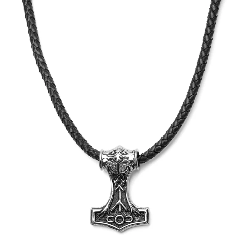 Double Sided Viking Black Leather Necklace for Men - Thor's hammer necklaces