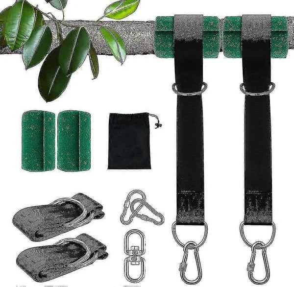 Trägunga Hängande Remmar Kit 2x5ft Kraftig Gungupphängning med Karbinhakar, Trädskydd
