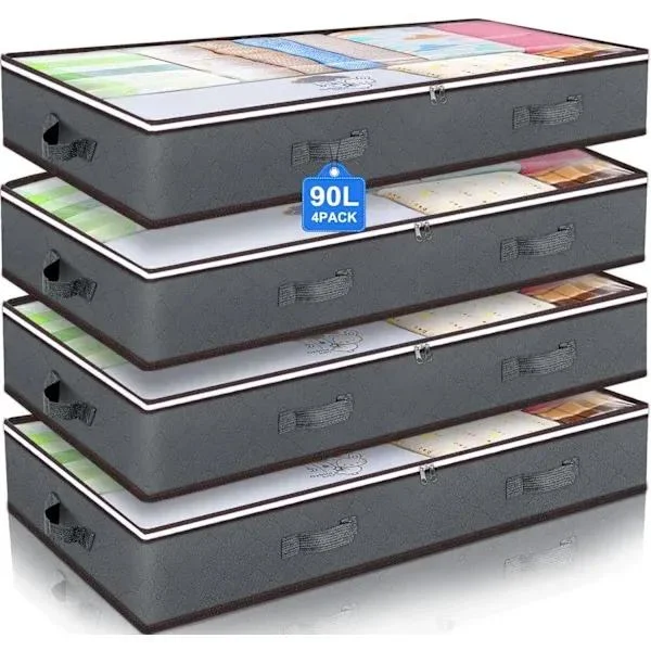 4-pack Bed Storage, 90L Large Storage Box with Lid for Under Bed, Grey