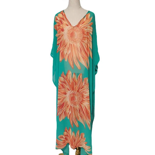 Dam Baddräkter med Fräscht Tryck Bikini Cover Up Sommar Strandbadkläder, Bikini Strandkläder, Djup V-ringad Lång Klänning för Semester Lanshi solros