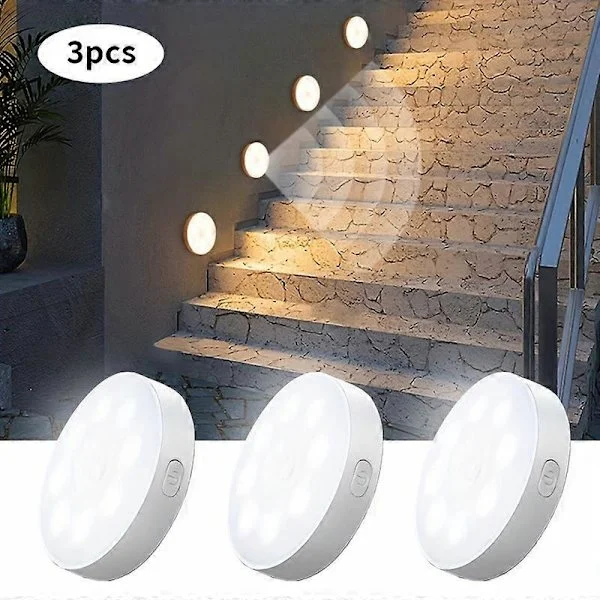 3-PACK Rörelsesensor Steg Vägglampor USB Uppladdningsbara Dimbar 8LED Inomhusbelysning för Garderob Hall Korridor Balkong Trappor