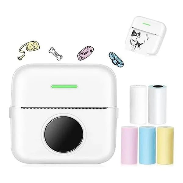 Mini termisk skrivare bläckfri Bluetooth fotoskrivare med 5 pappersrullar för barn, dagbok, studier, resor, vit