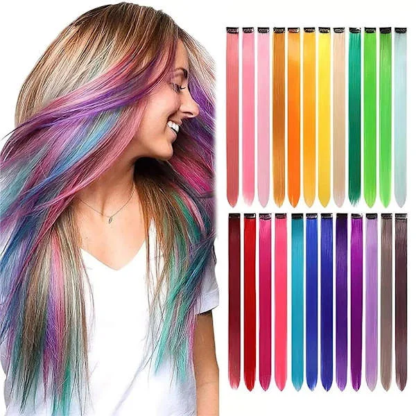 4-Pak - Clip-on Påfargede Hair Extensions / Slingor - 56 cm