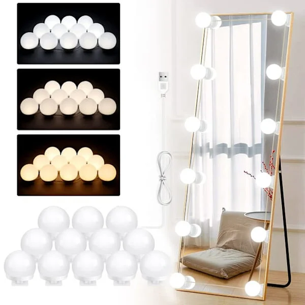 Hollywood Sminkspegel med Lampor (Endast Lampor), LED-Lampor till Sminkspegel/Sminkbord – 3 Färglägen, 10 Dimbar LED-Lampor, Fästs runt Spegel