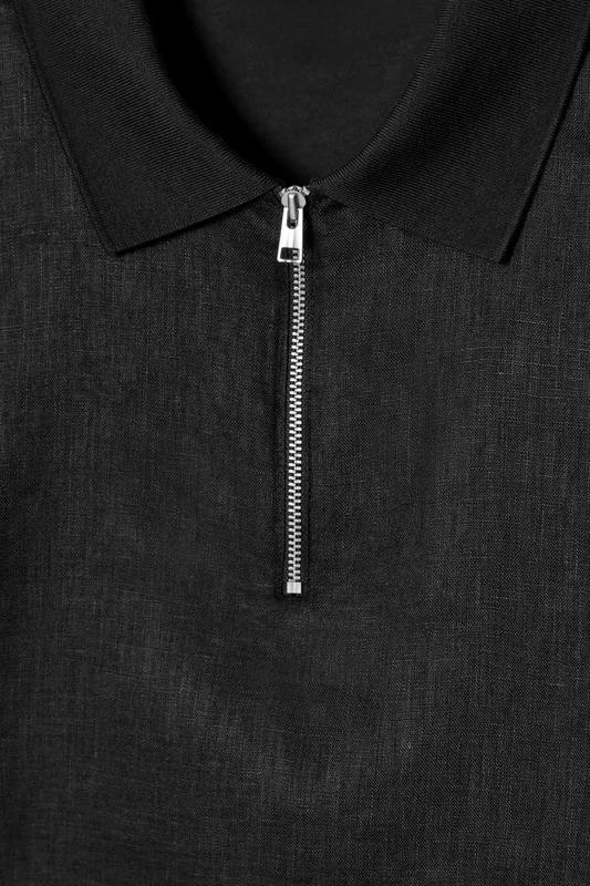 COS Men's Contrast-Panel Linen Half-Zip Polo Shirt in Black