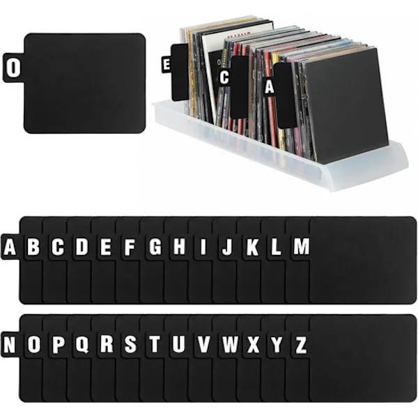 26-delt vinylplateinndelersett – LP-lagringssystem – Alfabetisk – Plateinndelere – Vinylinndelere – A–Z-etiketter – Boklagringssystem – Svart