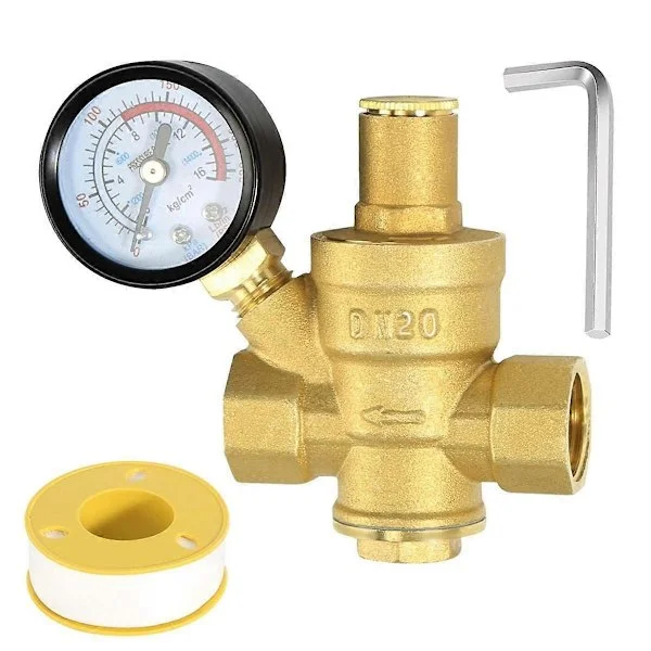 Vanntrykksregulator 3/4 tommer med manometer, justerbar vanntrykksreduseringsventil for vanntrykk