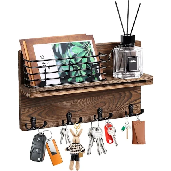 Wooden Wall Mounted Key Holder, Wooden Key Board with 4 Double Hooks, Vintage Key Cabinet with Shelf, for Living Room, Bathroom