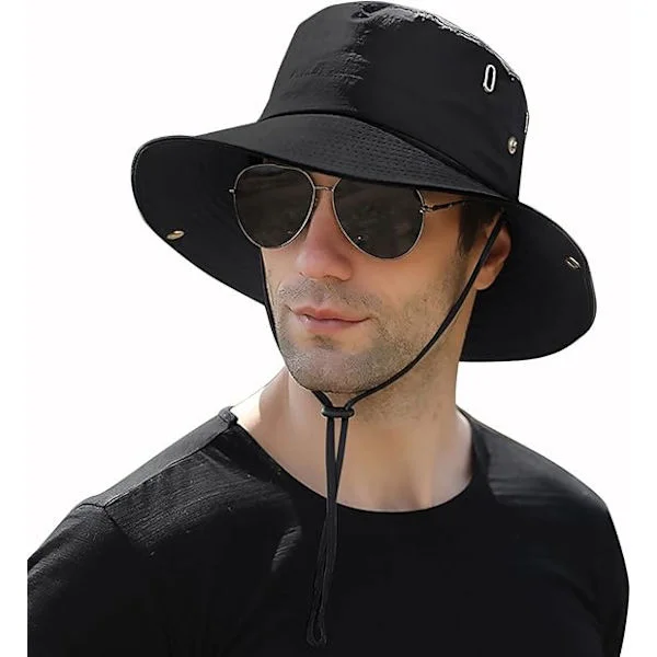 Solhatt for menn, sommer, bred skygge, UPF50, pustende, vanntett, sammenleggbar caps, svart