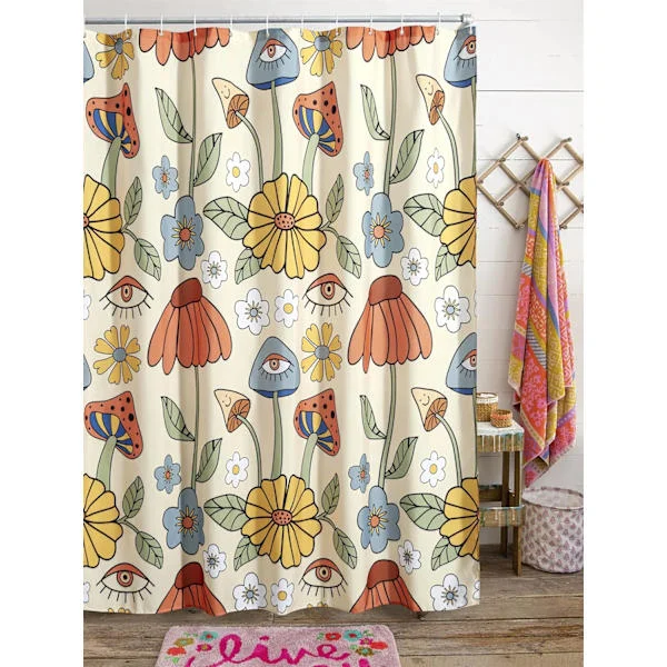 180*200cm Retro 70-tals Duschdraperi Psykedeliskt Blommönster Gult Orange Funky Mus