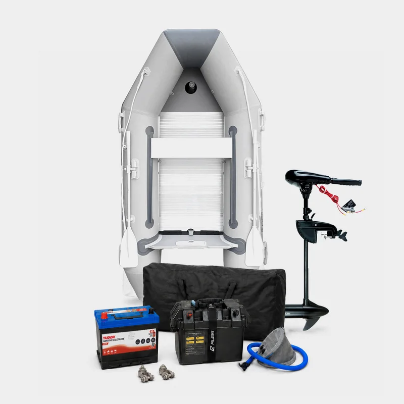 Gummibåt / gummijolle med elmotor RUBB 270 Pro Flex, aluminiumdurk, grå + RUBB X 36, 348 W, 71 cm justerbar rigglängd + batteri (80 Ah) + batterilåda
