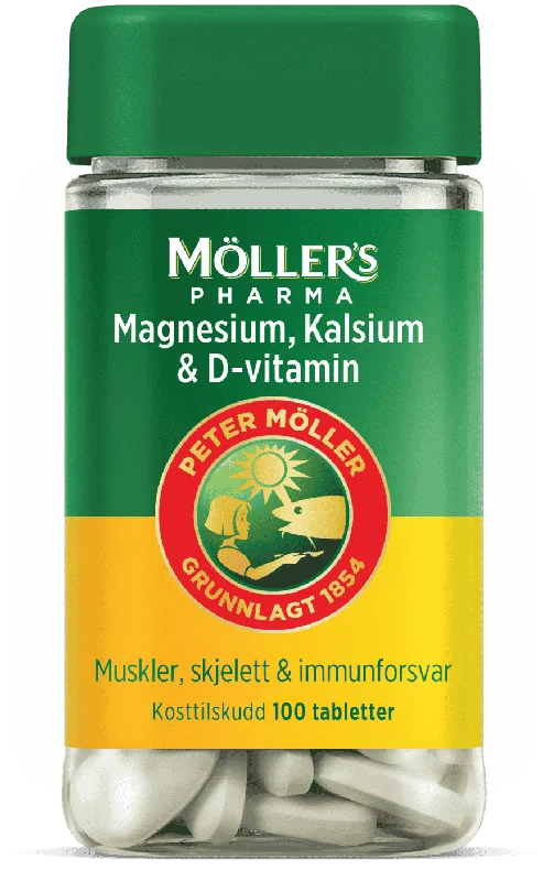 Møllers magnesium, kalsium & vitamin-D tab, boks av plast, 100 stk