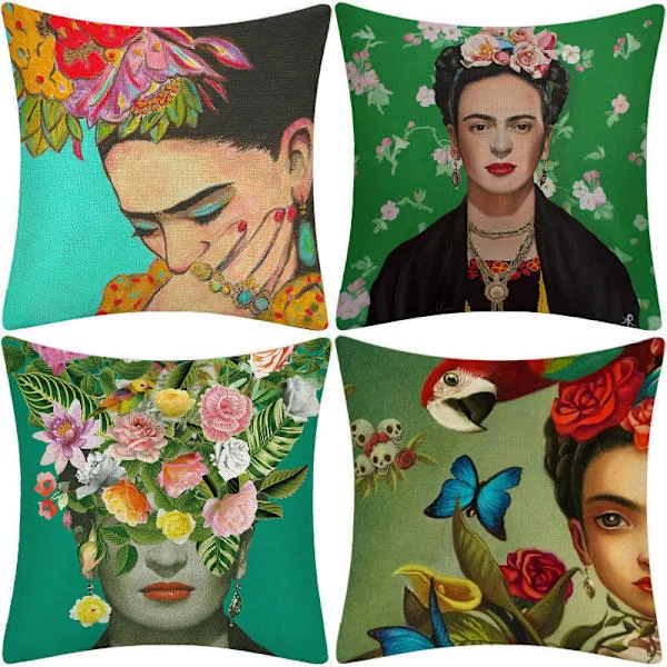 4-delad Frida Kahlo självporträtt oljemålning bomull linne prydnadskudde bilbarnstol kudde soffa överkast 45x45 cm