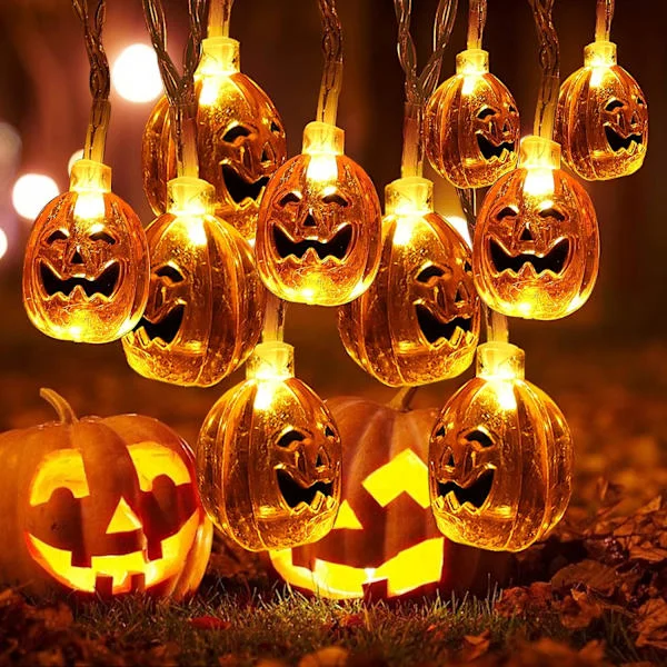 Halloween Græskar Lysstreng, 3 meter 20 LED Halloween Lys 3D Krystal Græskar Lys med 2 Belysningsindstillinger, Batteridrevet-FM-