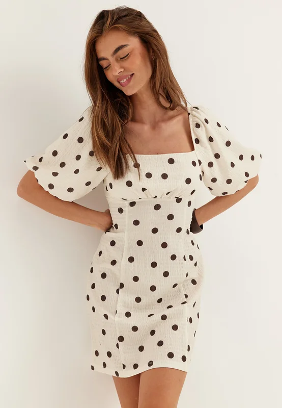 BUBBLEROOM-Volume Sleeve Mini Dress-Cream/Brown