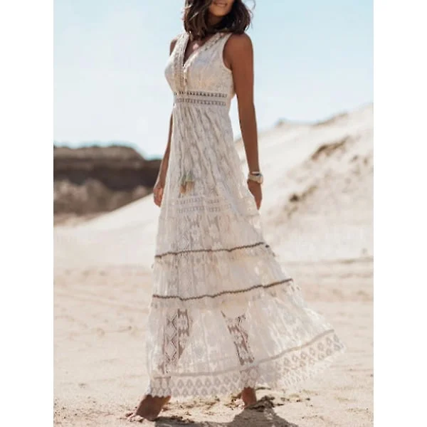 Sommer Boho Lange Kjoler Kvinner Blonde V-hals Spaghettistropp Kjole Damer Off Shoulder Strandkjole Hvit Kjole Vestidos De Mujer DHLYQ20 Beige