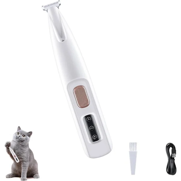 Kloklippare för husdjur med LED-ljus, USB-uppladdningsbar vattentät tyst hund- och kattklippare för tassar ansikte öron, vit 16,1 x 2,6 x 3 cm