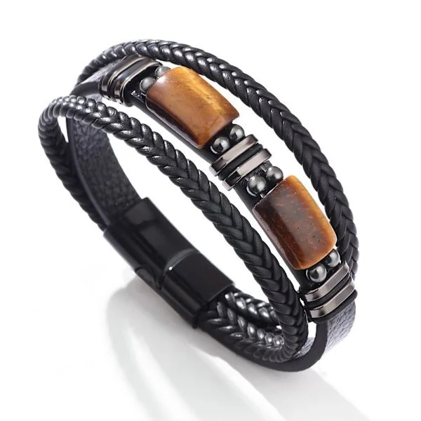 Läderarmband Herr Naturlig Tigeröga Ädelsten Kristallsten Smycken Handgjorda Mod och Stresslindring Skyddsarmband (23 cm)