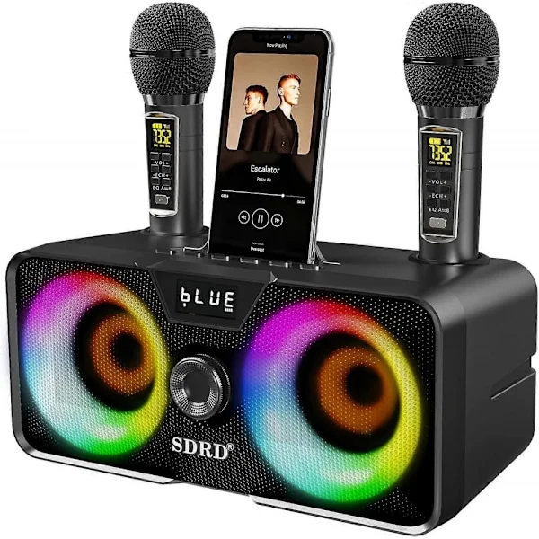 Karaokemaskin for voksne og barn med 2 trådløse UHF-mikrofoner, bærbart Bluetooth-høyttaler PA-system med LED-festlys for hjemmefest