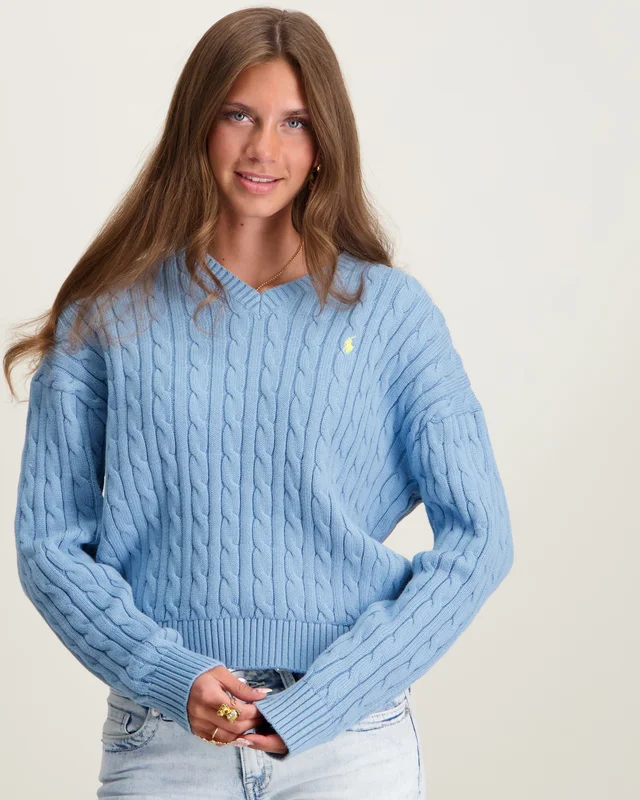 Polo Ralph Lauren Cable-Knit Cotton V-Neck Sweater Blå Genser Jente - Kids Brand Store