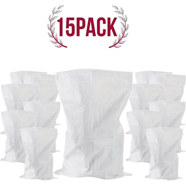 15 byggsäckar, 75 liter. 57 x 97 cm. 55 kg. Bygg- och växtavfall. Hållbara och återanvändbara. Tillverkade av vitvävd polypropen.