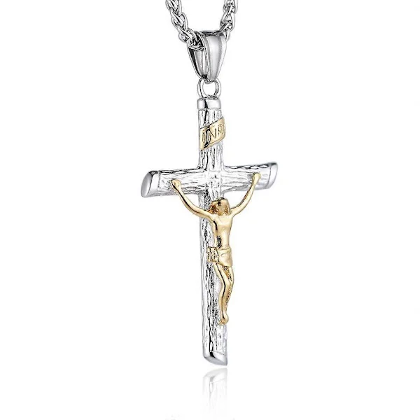 Krucifix Kors Hänge Dop Kristna Smycken Rostfritt Stål Jesus Halsband för Män Kvinnor med 22+2 Kedja