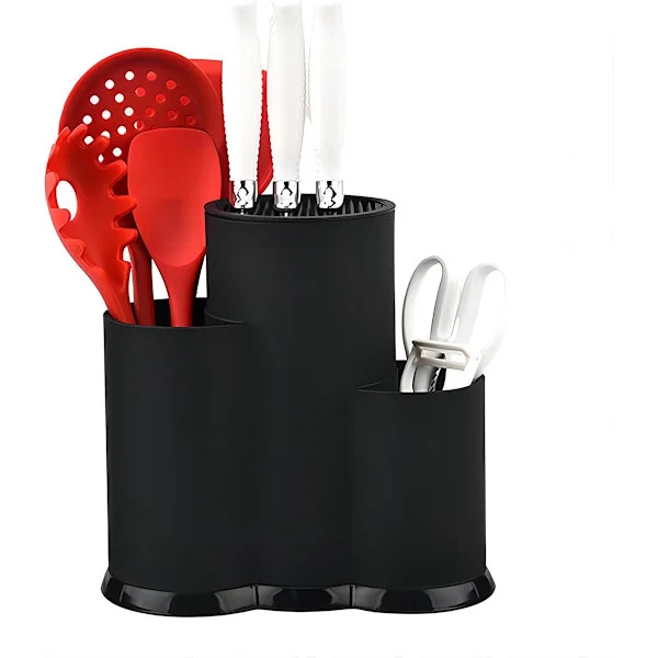 Köksredskap och knivställ, 3-i-1 PP-plastmaterial, med dräneringsfack, svart, mått: 23 x 5 x 22,5 cm