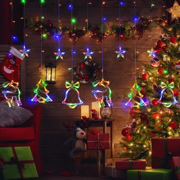 Julgardiner med 180 LED-lampor, Flerfärgade Hängande Juldekorationer, Transparenta, Julklocka, Julgran, 8 Blinkande Lägen