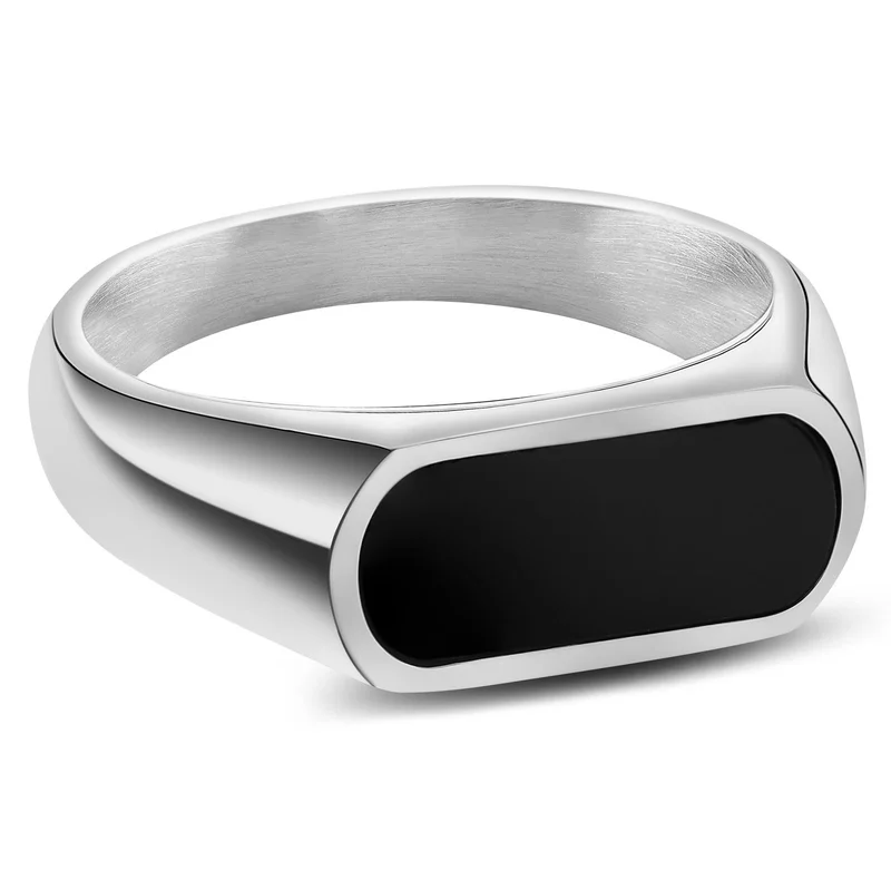 Orisun | Silver-Tone Stainless Steel Black Onyx Signet Ring for Men - Signet rings