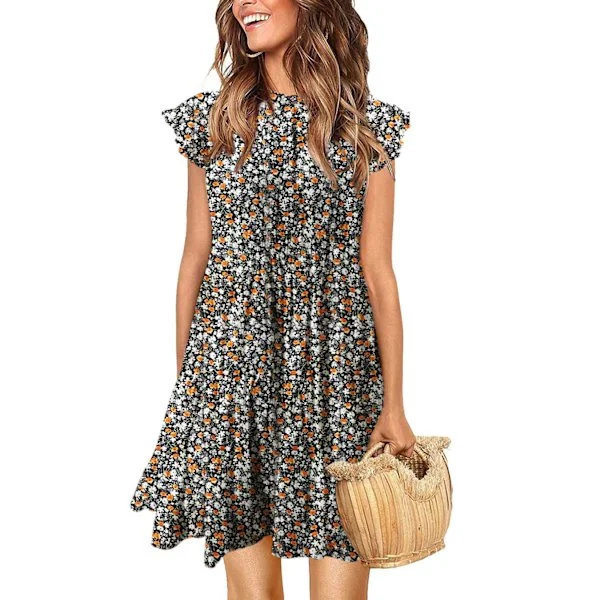 Women's ummer Dress, leeveless Ruffle Round Neck Mini Dress olid Color Loose Fit hort Flowy Pleated Dress,,