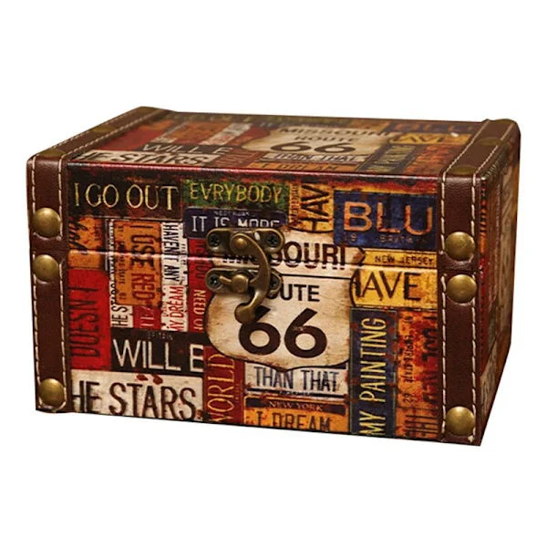 Vintage oppbevaringsdekorativ koffert Liten treboks Kistelås Skrivebordsoppbevaringsboks Muhe Finishing Box 66 Road
