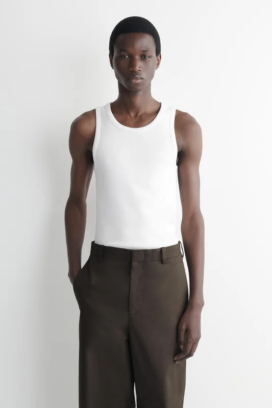 COS Men's Slim Ribbed Cotton Tank Top in White