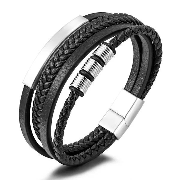 Punk Flerlags Vævet Rustfrit Stål Læder Reb Armbånd Sølv Sølv 20,5 cm