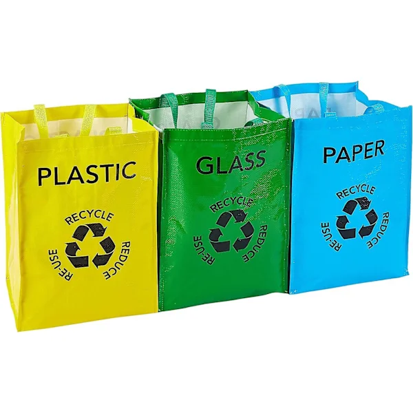 Återvinningspåsar för hushållsartiklar/återvinningspåsar för plast, glas och papper med handtag/flerfärgad - set om 3, slumpmässig färg