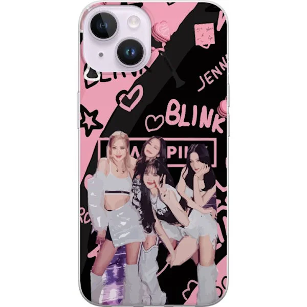 Kompatibelt Mobildeksel til Apple iPhone 15 Blackpink Blink design med Lisa Jennie Jisoo og Rose, rosa og svart bakgrunn, fanskiltninger og lightstic