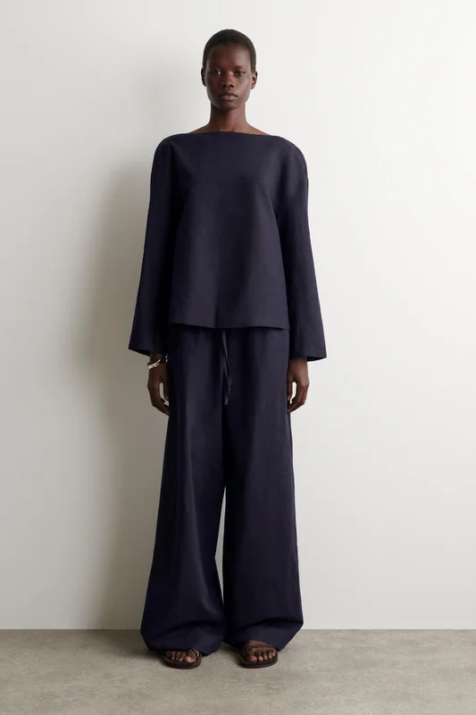 COS Women's Wide-Leg Linen Drawstring Trousers in Blue