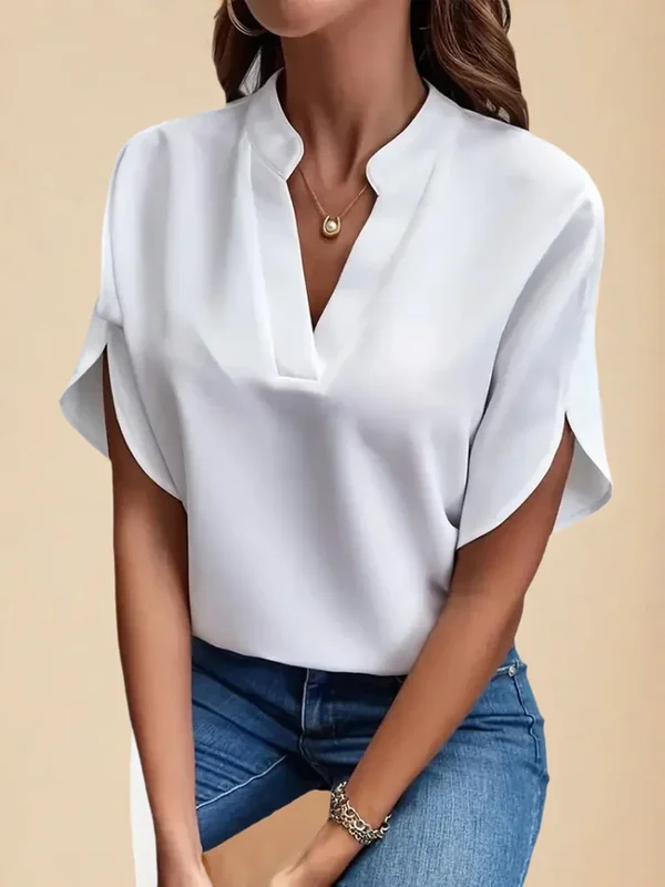 AliExpress - VEITCHE été femmes décontracté solide Blouse femmes mode col en v demi manches chemises bureau élégant pull ample haut Blouse
