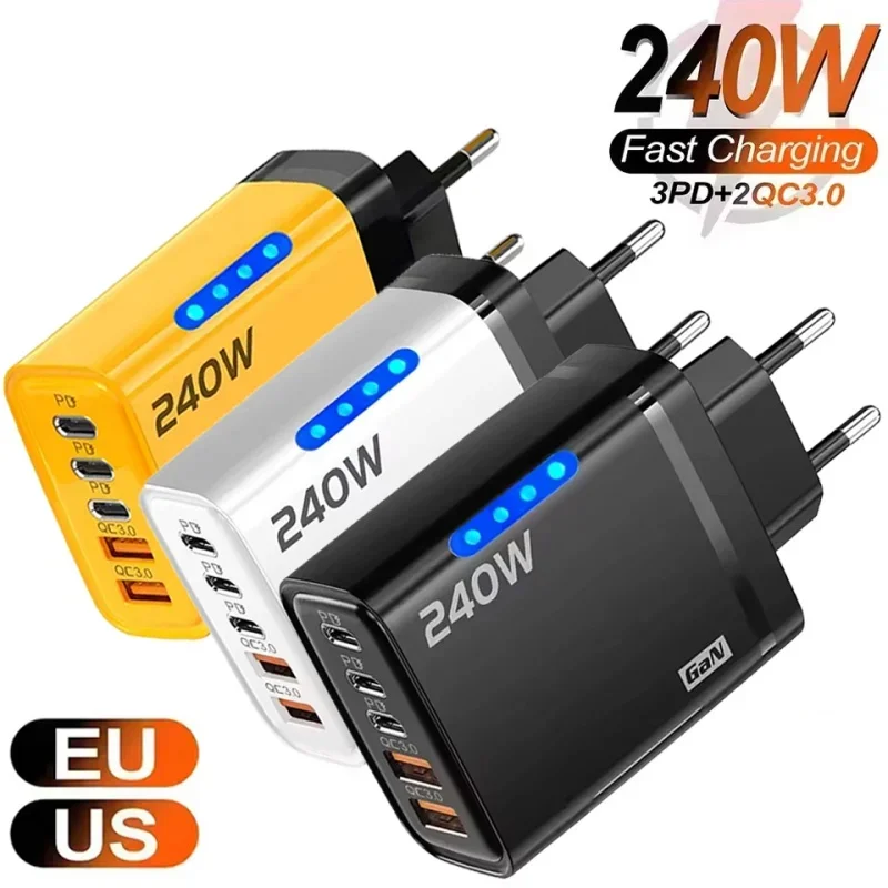 AliExpress - 240W GaN 5-in-1 snellaad telefoonlader USB-C lader voedingsadapter type C EU/VS stekker wandlader voor iPhone Samsung Xiaomi