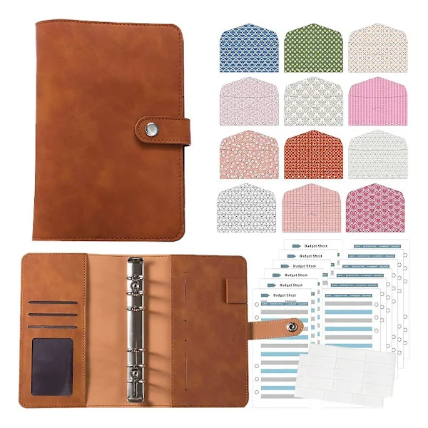 A6 6-rings Budget Ringbind Omslag Organizer A6 Ringbind Udgiftsbudgetark til pengebesparende kontantkuvertsystem Brun
