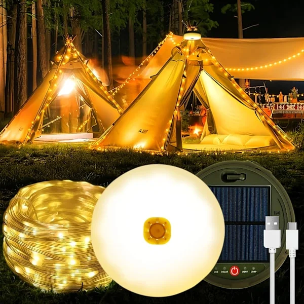 LED Solarlampor Utomhus Camping, 12M 120LED Ljusslinga Utomhus Camping, USB Uppladdningsbar, 3600mAh Batteri, Varmvit [Energiklass F]