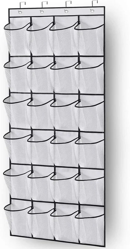 1 pc Over the Door Shoe Storage Organizer Hanging Shoe Rack Holder 24 Large Mesh Pockets for Closet Door Organization with Hanger White