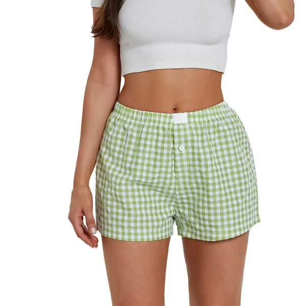 Dame Lounge Shorts Bløde Elastiske Lavtaljede Ternet Print Pyjamas Shorts