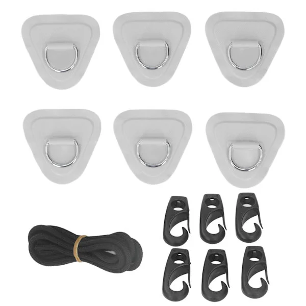 6 Pcs PVC D-Ring Patches Elastic Rope Set Stainless Steel Bungee Cord Compatible with Inflatable Boats Kayaks Surfboards Paddle Boards Grey