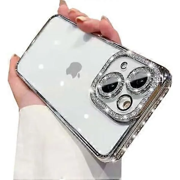 Clear Glitter Case for iPhone 15, Luxury Bling Diamond Rhinestone with Camera Protector Cute Soft TPU Plated Bumper Slim Transparent Women Gi