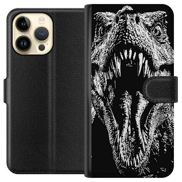 Kompatibelt Lommeboketui til Apple iPhone 15 Pro Max Dinosaur T-Rex brølende monster episk svart-hvit detalj skrekk dinosaurus sterk brøl prehistoris