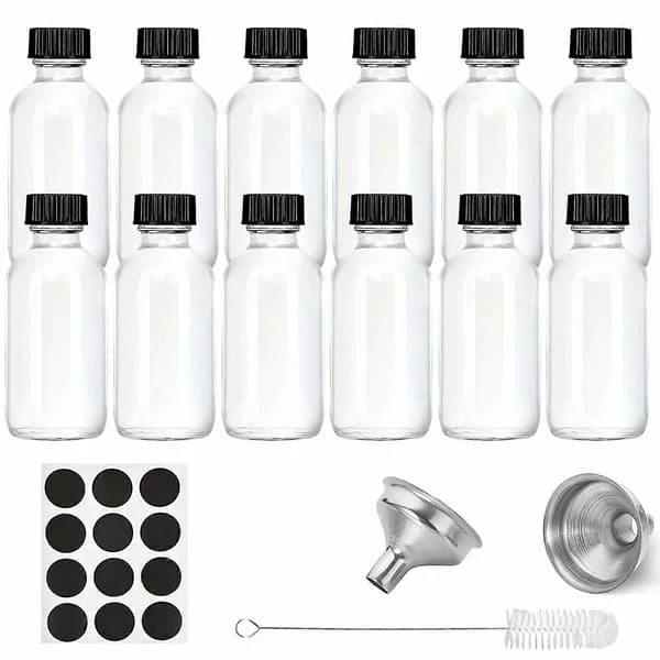 12 stk Glassflasker Med Lokk Og 2 Rustfrie Trakter 2 Oz 60ml, Små Gjennomsiktige Glassflasker For Drikke, Juice, Helse, Ingefærshots